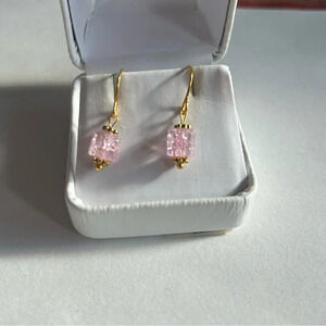 3/$20 Light Pink Square Crystal Ornate Gold Plated Dangling Drop Earrings